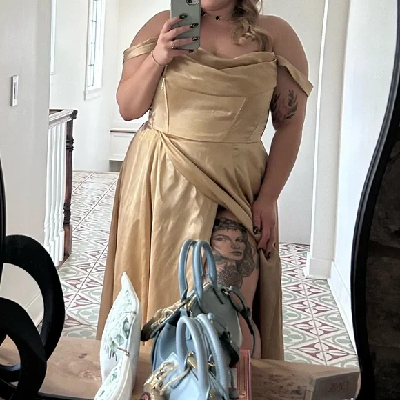 David's Bridal Gold Off-Shoulder Gown - Picture 2 of 3